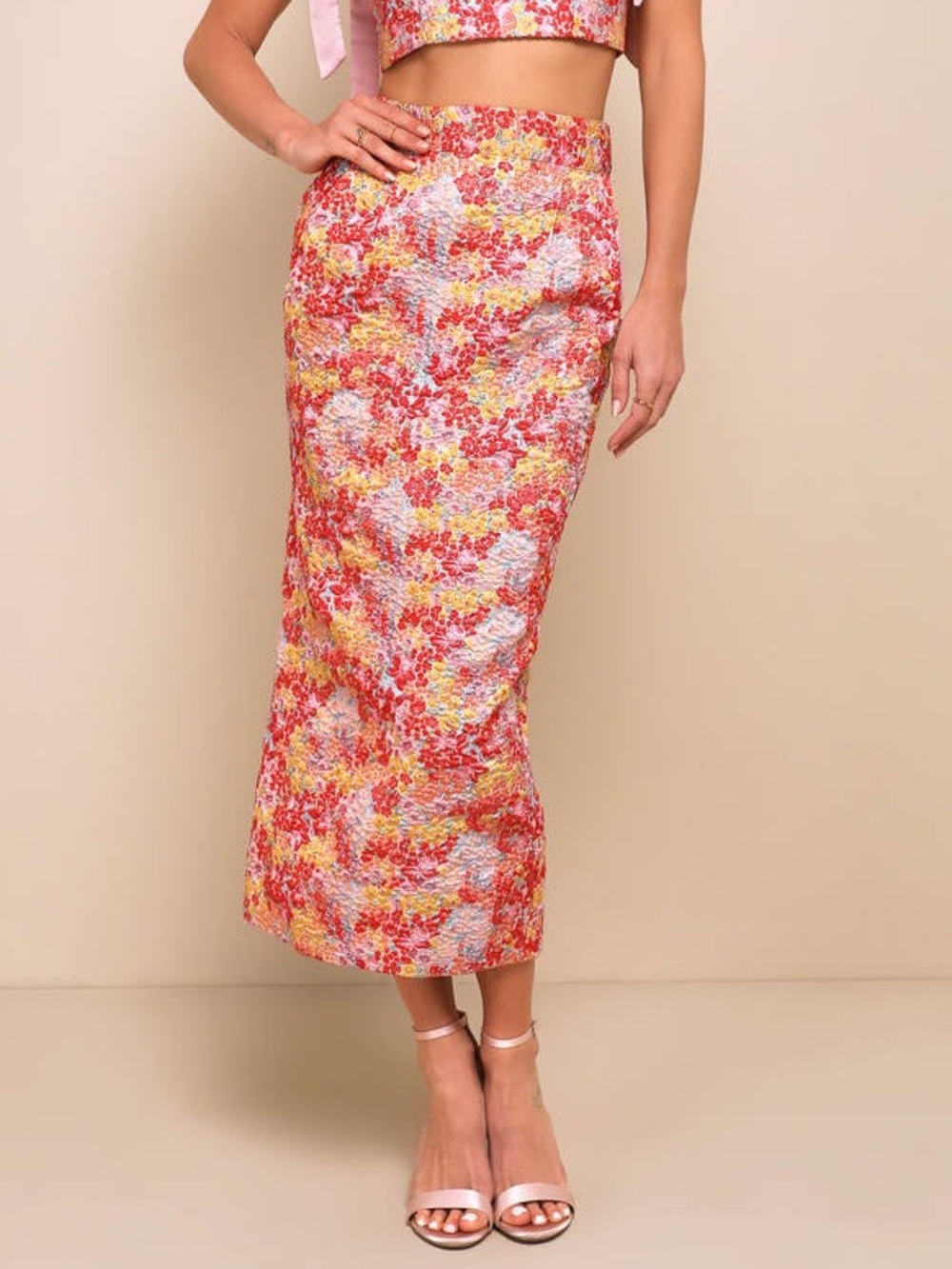 Lulus Ellarina Pink Multi Metallic Jacquard Structured Midi Skirt Maximalist